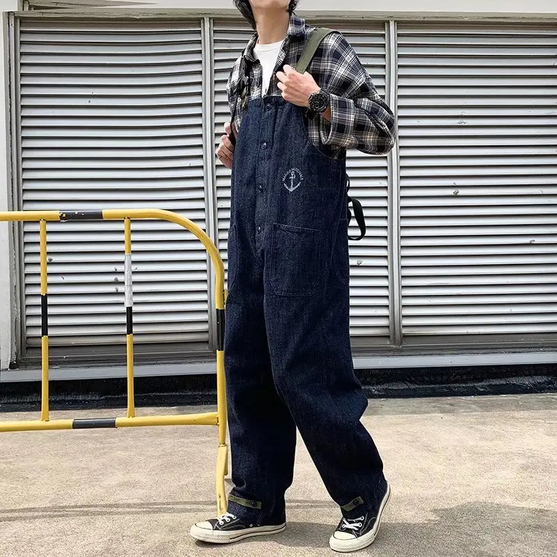sanyamk Fashion Men Bib Jeans Pants Solid Color Jumpsuit Streetwear Jogger Pants Multi Pocket Casual Suspender Cargo Pants Men