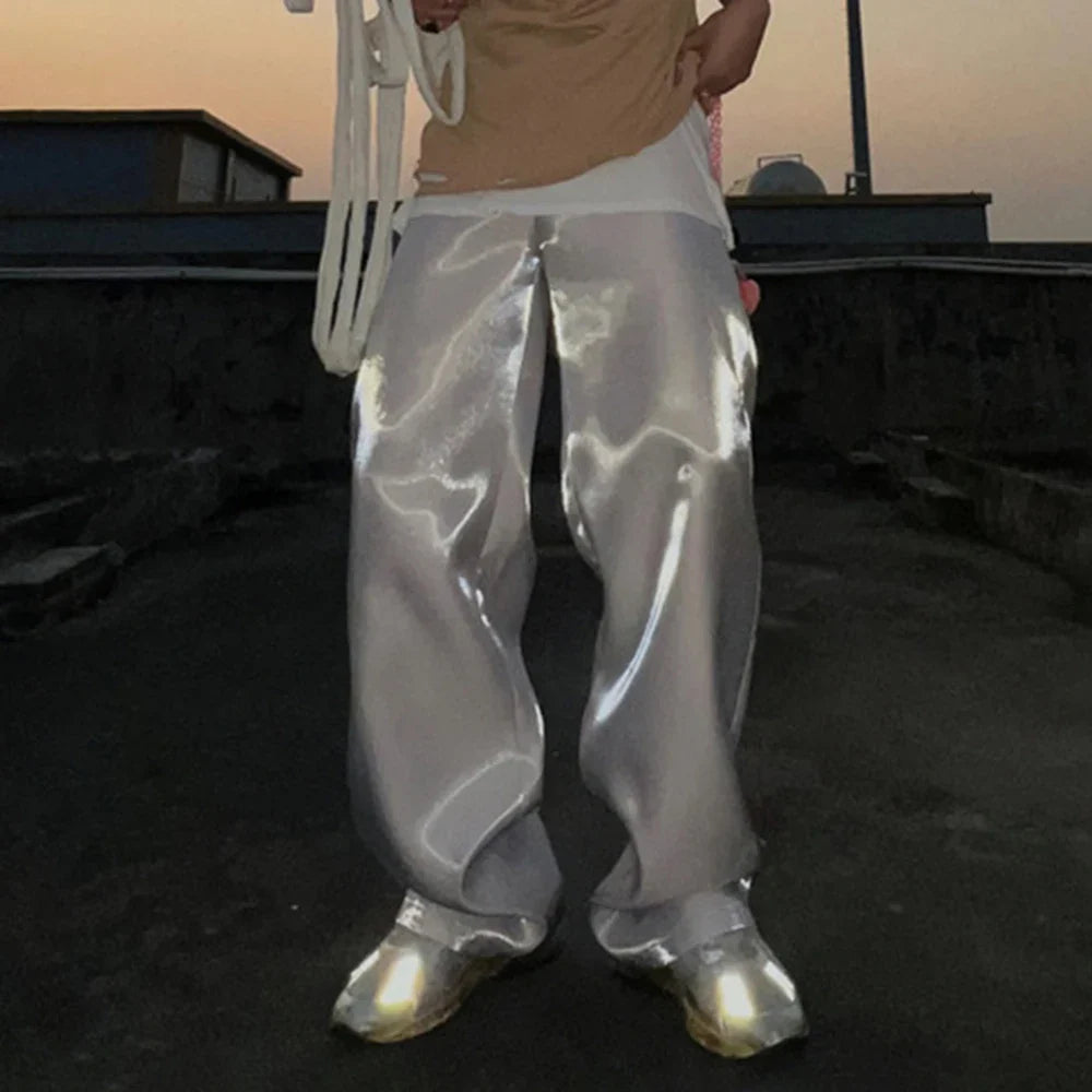 Bonsir 2024 Autumn Mens Wear Glossy Solid Color Satin Loose Casual Trousers Drape Wide Leg Stage Unisex Straight Leg Pants Streetwear