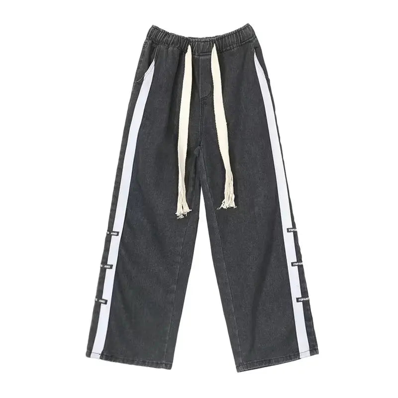 sanyamk Men Jeans Pants Black Wide Leg Oversize Cargo Korean Streetwear Hip Hop Harajuku Denim Trousers