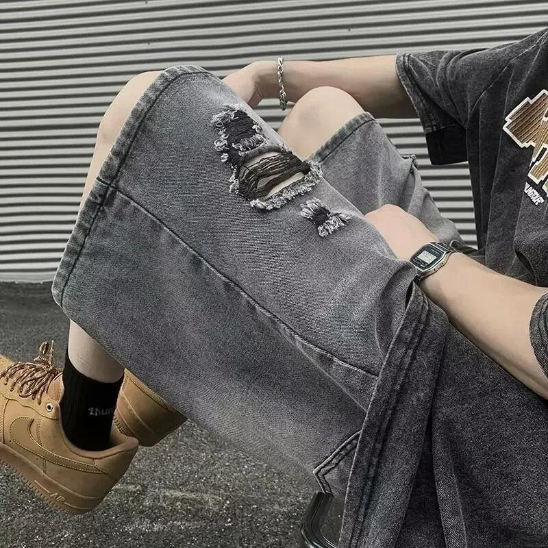 sanyamk American Street Vibe Men's Summer Loose-fit Denim Shorts Trendy Brand Vintage Ripped Shorts For Casual Wear