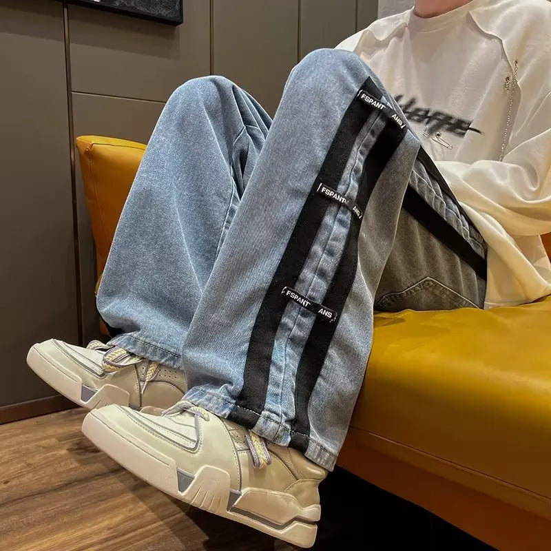 sanyamk Men Jeans Pants Black Wide Leg Oversize Cargo Korean Streetwear Hip Hop Harajuku Denim Trousers