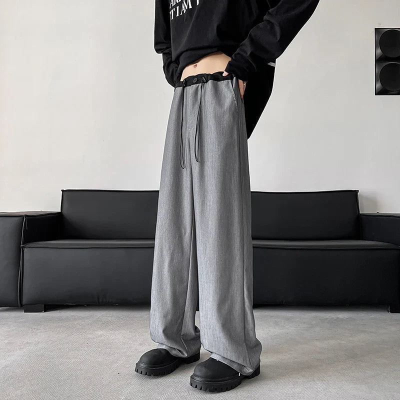 sanyamk Blue/Gray/Black Elastic Waist Suit Pants Men Fashion Society Pants Korean Loose Straight Casual Pants Mens Office Trousers