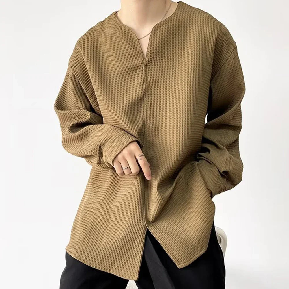 Bonsir 2024 Autumn Retro Temperament Waffle Pullover V-neck Shirt Men's Long-Sleeved Light Wind Ins Loose Korean Trend Shirt
