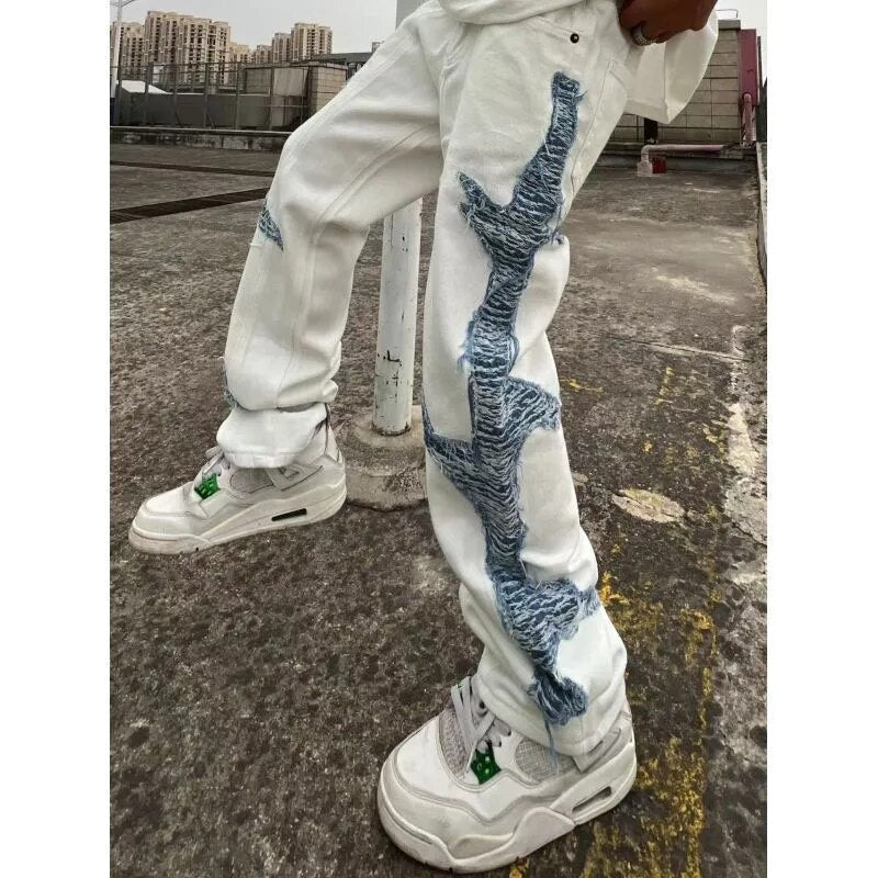 Bonsir American stitching white washed trousers retro street color contrast damaged details loose fashion straight jeans men and women