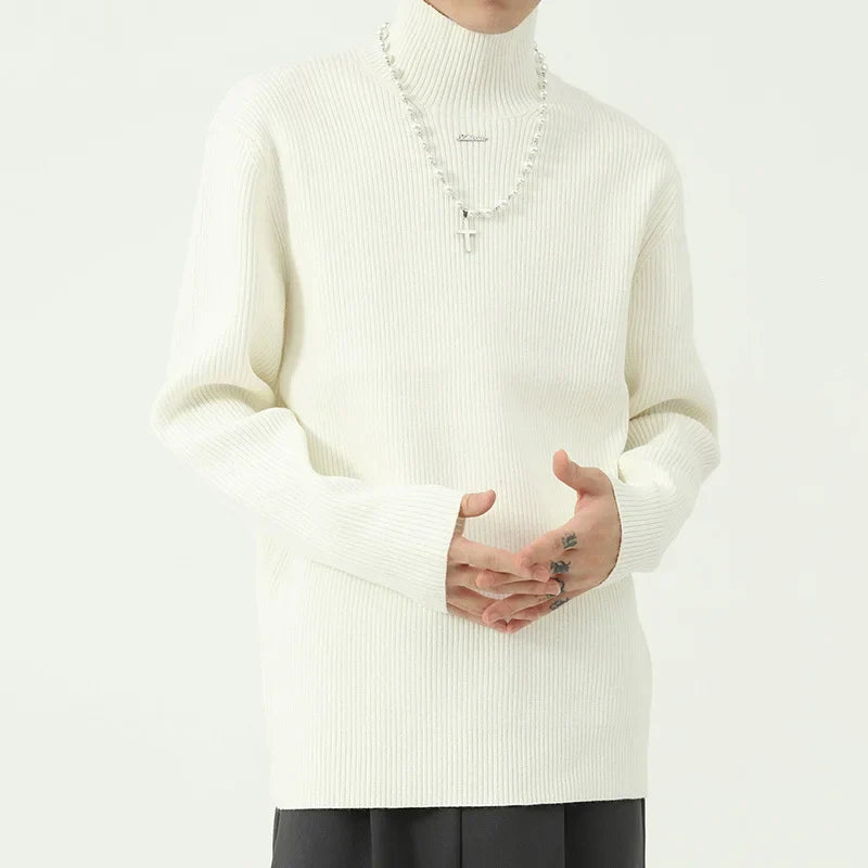 Bonsir - Wear Men's Autumn Winter New Turtleneck Sweater Korean Tide Simple Metal Accessories Design Knitted Pullover Tops 2Y2424
