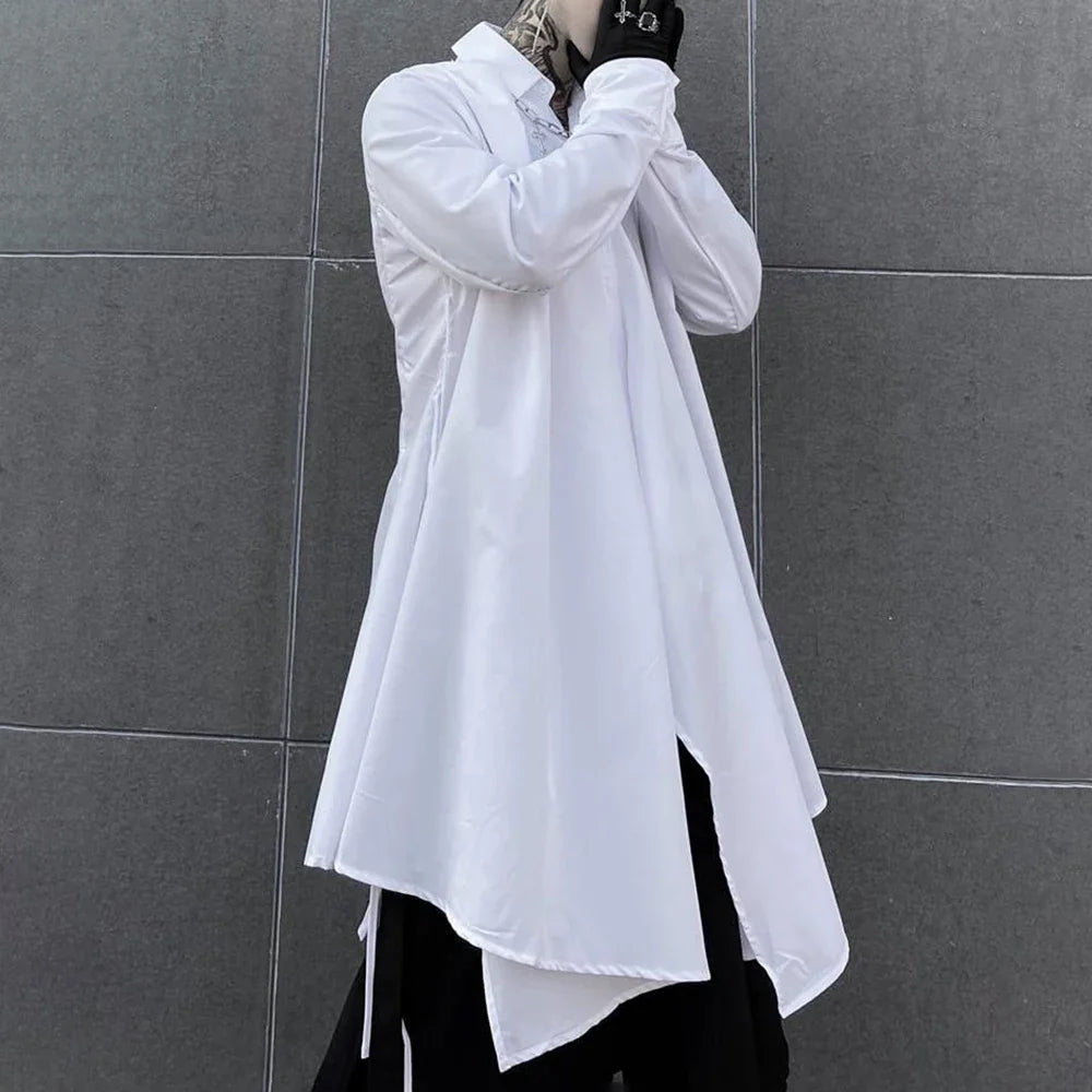sanyamk Dark Abstinence Long Shirt Men's Simple Personality Strap Shirt Trendy Punk Solid Color Irregular High Street Cardigan Jacket