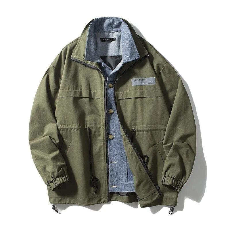 sanyamk Men Fake Two Pieces Denim Patchwork Jacket Jeans Spliced Sashes Contrast Casual Jacket Coat Retro Zip Closure Coat Plus Size