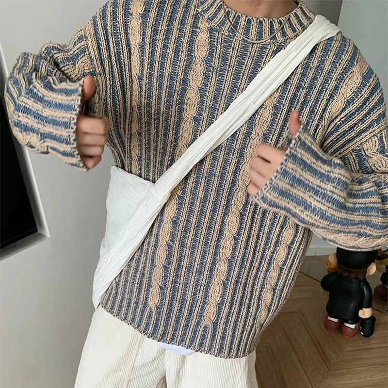 sanyamk - Fashionable Striped Knitting Sweaters Men Autumn Streetwear Y2K Loose O Neck Long Sleeve Knit T-shirts Mens Vintage Sweater Tops