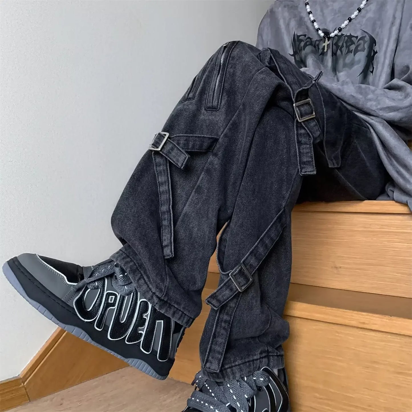 sanyamk American Style Vibezip-up Trendy Jeans For Men Loose-fit Bell Bottoms Ins High Street Gangsta Style Casual Workwear