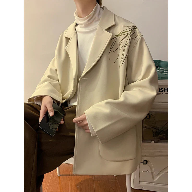 sanyamk Casual Blazers Men Orchid Embroidery Solid Color Single Breasted Suit Jackets Japan Style Notched Collar Popular Interview Suits