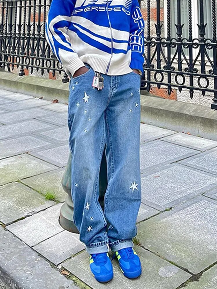 Bonsir Vintage Baggy Star Print Jeans Men's, Y2k Hip Hop Loose Wide Leg Wash Straight Leg Trousers, New Fashion Casual Denim Pants