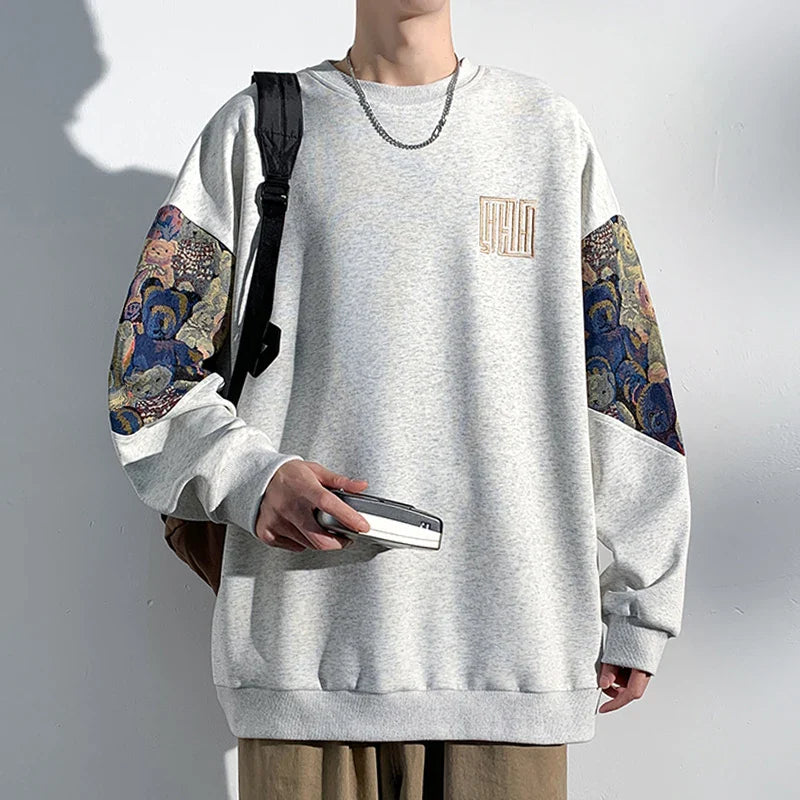 sanyamk - Autumn New Men's Sweatshirts Bear Parttern Patchwork Oversized Male Clothing Embroidery Design Round Neck Pullover Tops