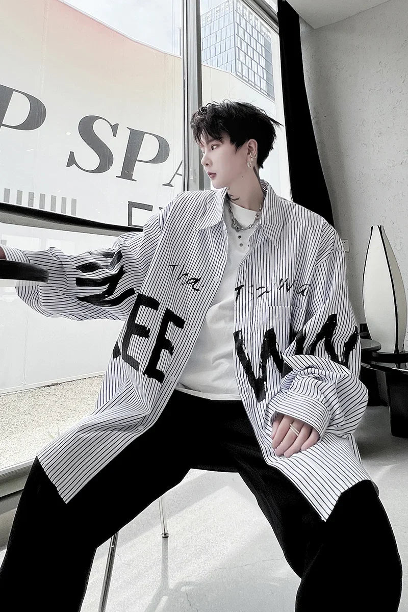 Bonsir American style fried street printed striped shirt Men's trendy brand long sleeved Korean version loose fitting high street