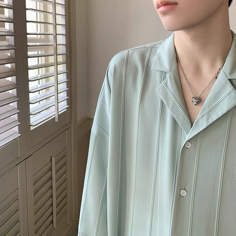 sanyamk Casual Simple Top LGBT Mens Solid Pleated Blouse Lapel Short Sleeve Shirt Streetwear Y2k Loose Leisure Tee Shirts Male Clothing