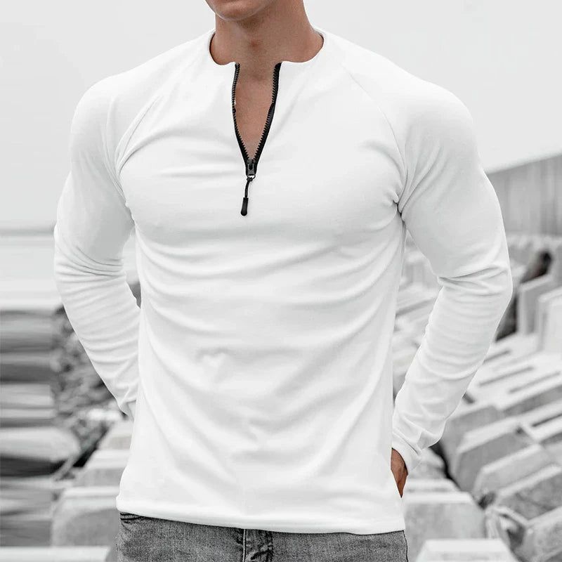 BONSIR - 2024 Slim O-Neck Zipper Tops Spring Autumn Muscle Elastic t Shirts Men Clothing Casual Solid Long Sleeve Pullover Tees For Man