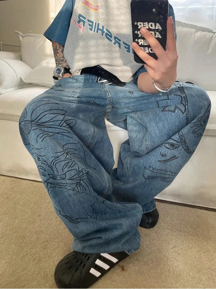 sanyamk Hip Hop Baggy Jeans Men Oversize Denim Pants Blue Jeans Printed Wide Leg Trousers Male Jeans Hippie Streetwear Casual
