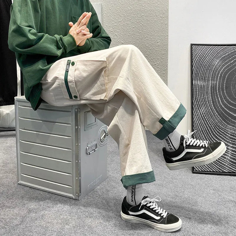 sanyamk Spring Autumn Casual Print Patchwork Cotton Wide Leg Pants Man Loose Y2k Pocket Hip Hop Cargo Straight Male Trousers Streetwear