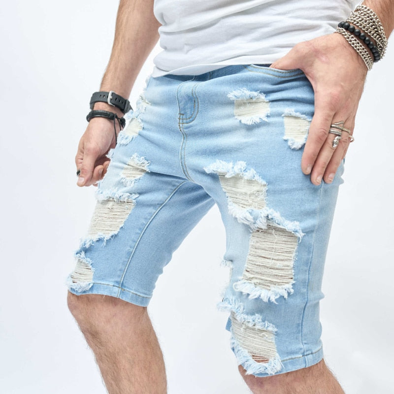sanyamk Vintage Ripped Slim Fit Denim Short Pant Men Streetwear 2023 Spring Summer Fashion Solid Color Button Jean Shorts Men's Clothing
