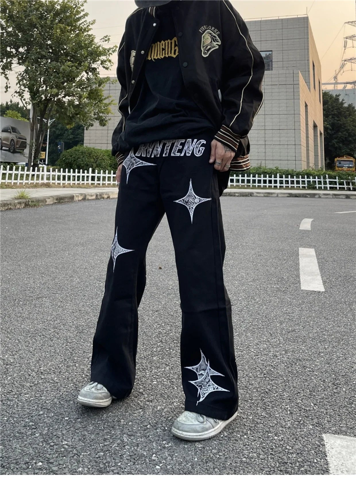 sanyamk Fashionable American street letter embroidery straight tube loose denim pants for men and women high street trendy casual pants
