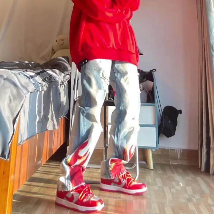 sanyamk autumn and winter new flame print hole washed swag size jeans hip hop high street style trousers for men and women jeans