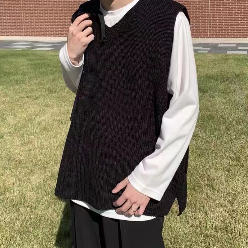 Bonsir Korean Style Fashion Chic Solid Color Knitting Pullovers Top Men's Autumn New Loose V-neck Sleeveless Vests Male W422