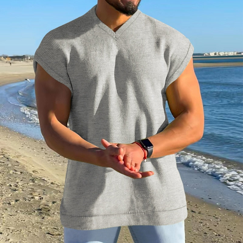 Bonsir Vintage Solid Color Ribbed V Neck Tank Tops Mens Summer Loose Sleeveless Casual Vest For Men Clothes Fashion Streetwear Camisole