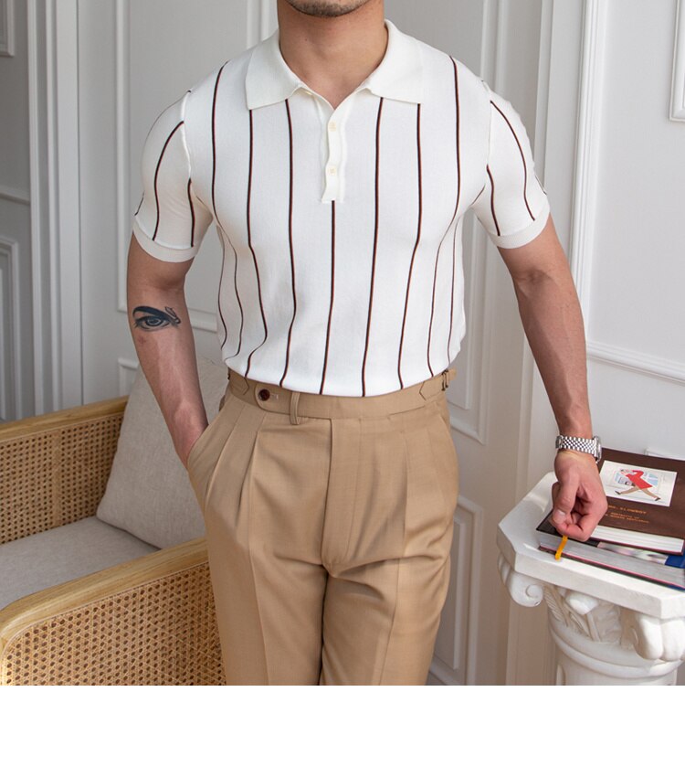 sanyamk Contrasting Stripes Casual Slim Lapel Polo Summer Knit Lapel T-shirt Polo Camisa Hombre British Men's Shirt Mannen Polo