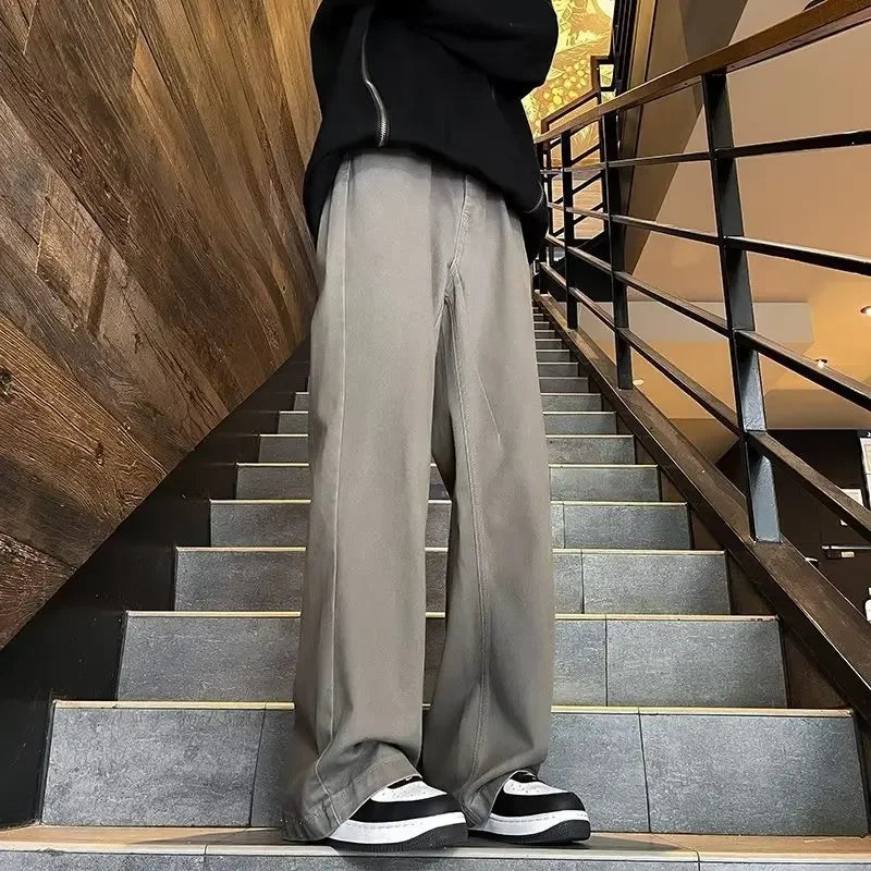 sanyamk Autumn New Men's Jeans Loose-fit Straight-leg Pants Hong Kong Style Casual Fashion Solid Color Bell Bottoms For Men Women