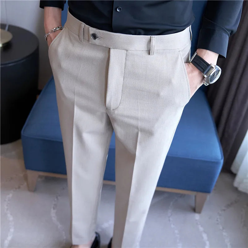 sanyamk - New Fashion Men's Pencil Pants Slim Fit Stretch Trousers Solid Korean Style Handsome Wedding Business Work Casual Suit Pant