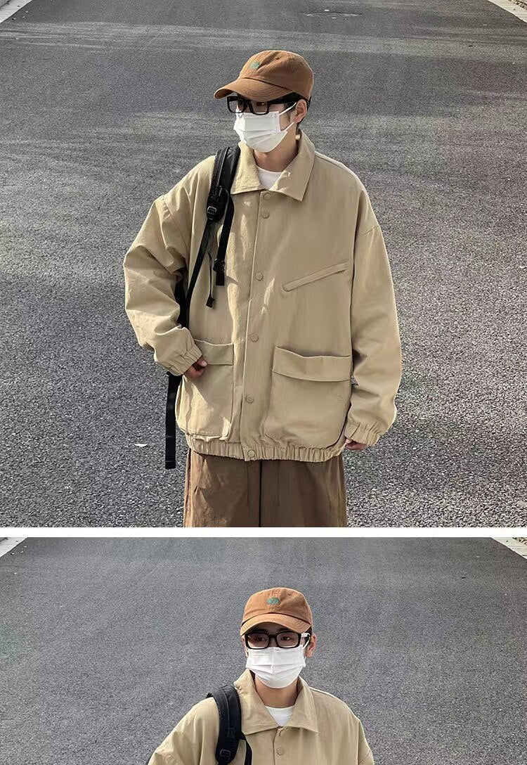 sanyamk Men's Japanese Vintage Lapel Collar Cargo Jackets Work Clothes Harajuku Loose Casual Coats Solid Color Outerwear M-2XL