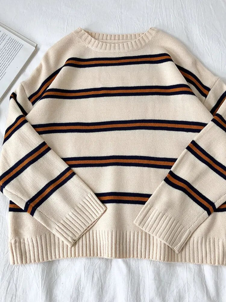 Bonsir Vintage Stripe Sweaters Women Loose Oversize Korean Style Pullover Top Autumn Winter Long Sleeve Knitted Sweater Femme