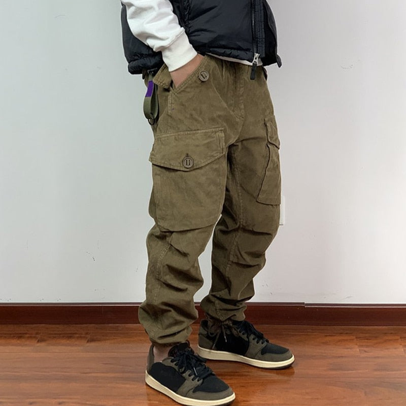 Bonsir Fashion Streetwear Cargo Pants Men Vintage Multi Pockets Loose Solid Corduroy Pants Mens Autumn Casual Zipper Mid Waist Trouser