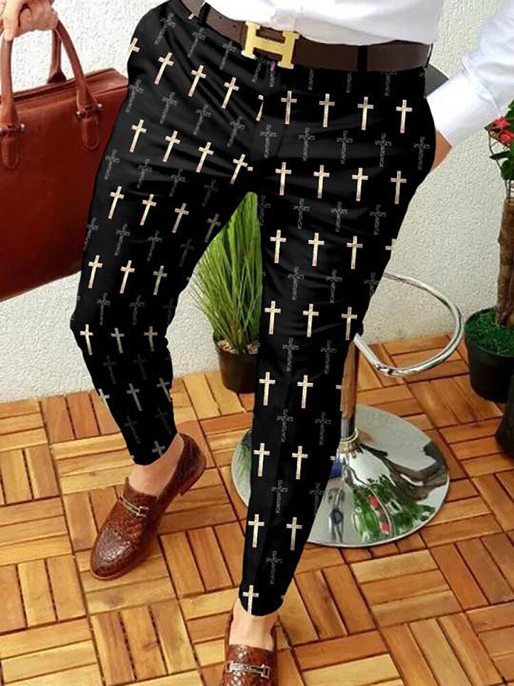 Bonsir Men Business Casual Trousers Retro Pattern Printed Straight Long Pants Spring Autumn Mens Jogging Pencil Pants Pantalones Hombre