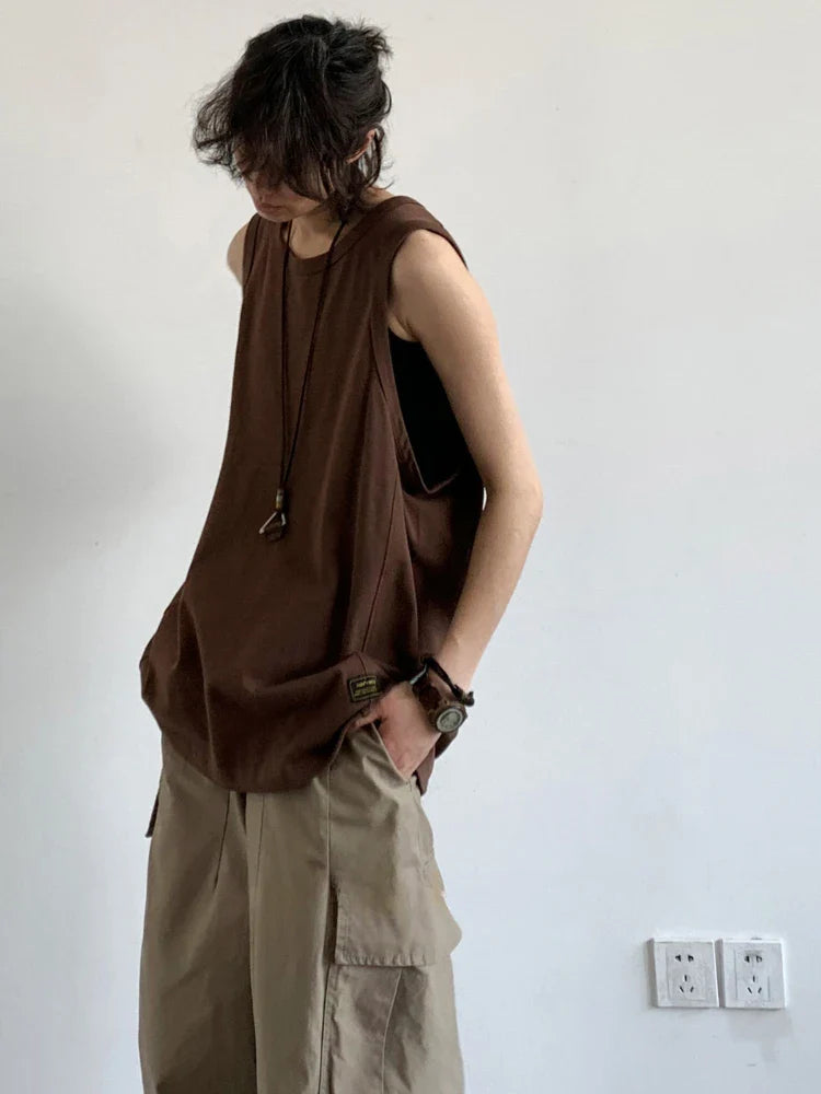 Bonsir Tank Tops Men All-match Basic Retro Japanese Style Unisex O-neck Sleeveless Solid Color Youthful Vitality Summer Loose Soft