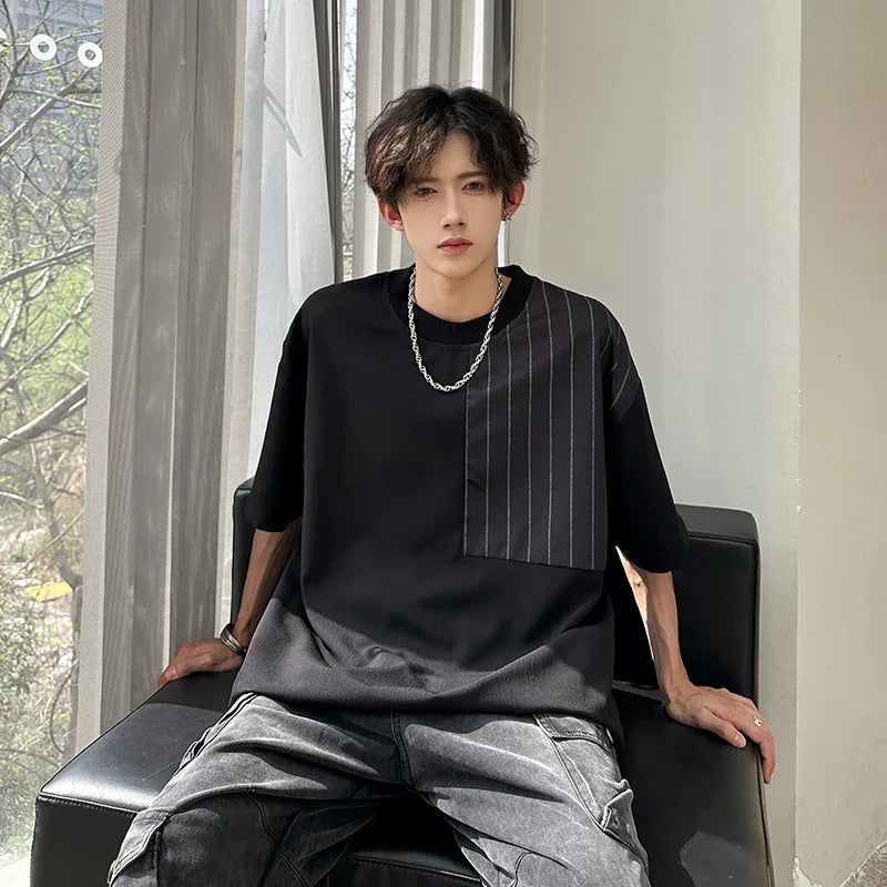 sanyamk - Summer Men's Oversized Short Sleeve Tee Patchwork Striped Black White Loose t-shirts for men