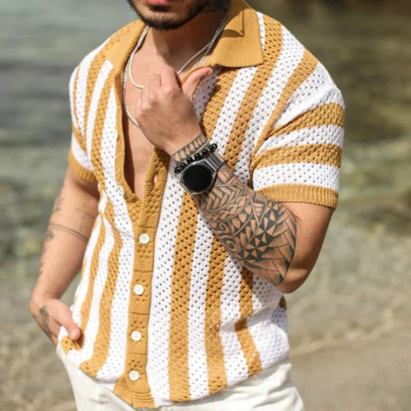 sanyamk - Male Collar Button-up Cardigan Social Shirt Men Clothing Hollow Loose T-shirts 2yk Top Fashion Striped Stitch Polos Shirts