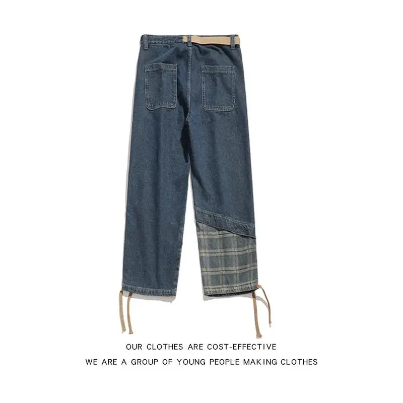 sanyamk Japanese Retro Splicing Jeans Autumn Niche High Street Causal Loose Drawstring Wide-leg Overalls Men Trousers Male Clothes
