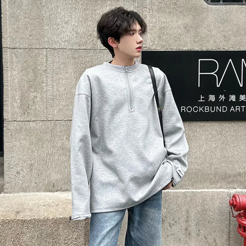 sanyamk - Korean Style Men's Sweatshirts Zippers Round Collar Soldi Color New Trendy Pullover Loose Male Pullover Tops Autumn 9C5565