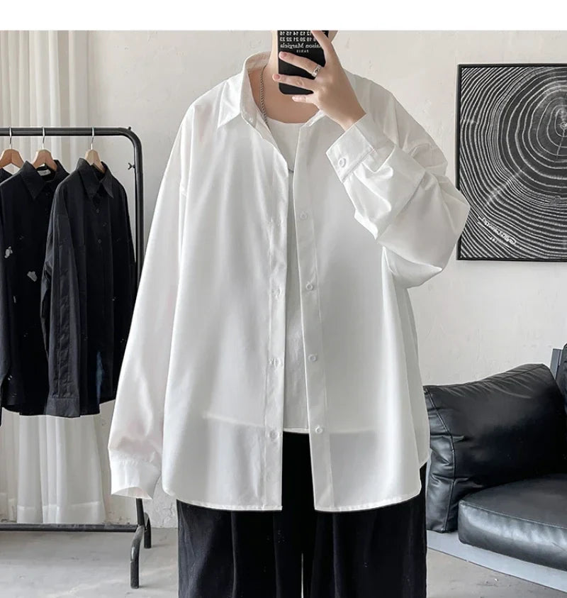 Bonsir Summer Mens Long Sleeve Shirts Solid Color Casual Cardigan Loose Base Vintage Harajuku Tops Blouses