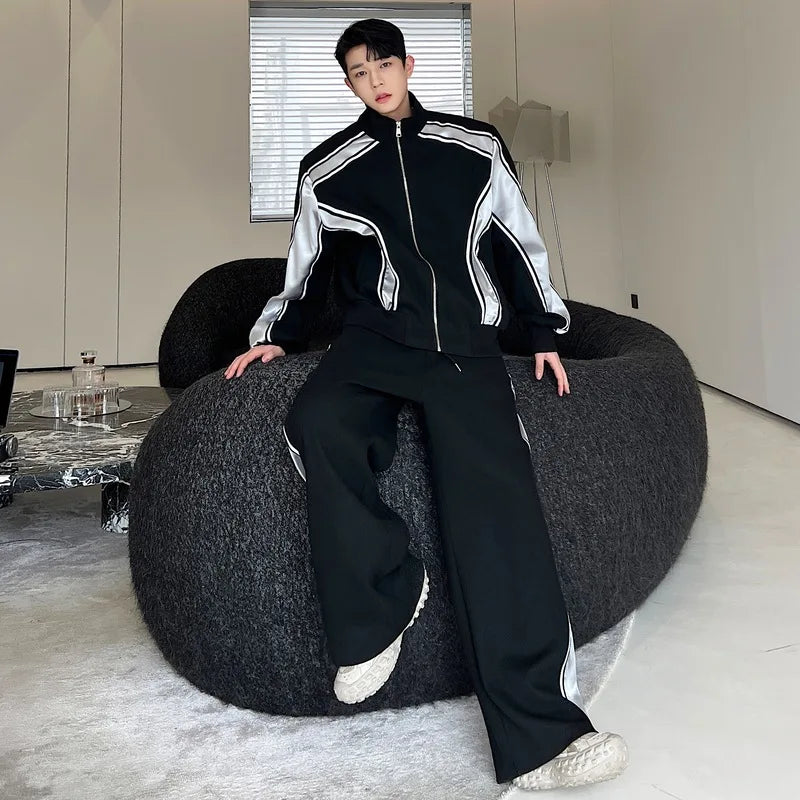 sanyamk Color Contrast Design Sweatshirt Men's Casual Splicing Korean Straight Pants Two-piece Sets Street High Fashion