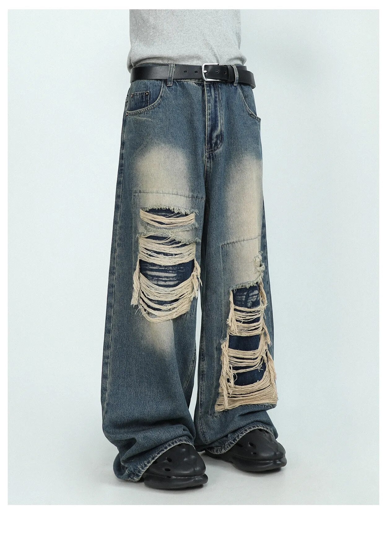 sanyamk American High end Perforated Denim Pants for Men's Design Sense Small and Loose Wide Leg Straight Leg Pants hiphop