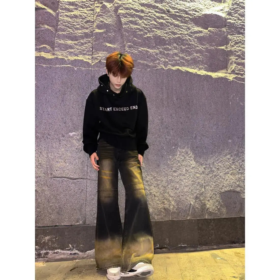 sanyamk High street hip-hop men and women trendy washed personalized micro trumpet retro patchwork jeans American loose casual pants