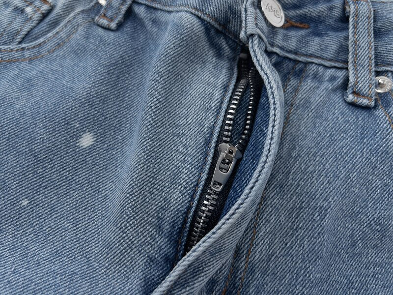 sanyamk Contrast Color Hole Ripped Distressed Blue Men's Jeans Pants Retro Streetwear Frayed Baggy Casual Flare Denim Trousers Oversize