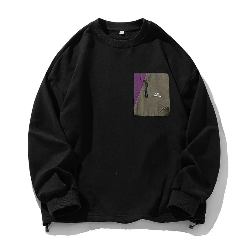 sanyamk - Hem Drawstring Black Sweatshirts Man 2024 Autumn Winter New O Neck Zipper Fashion Baggy Men Pullover Casual Couple Tops