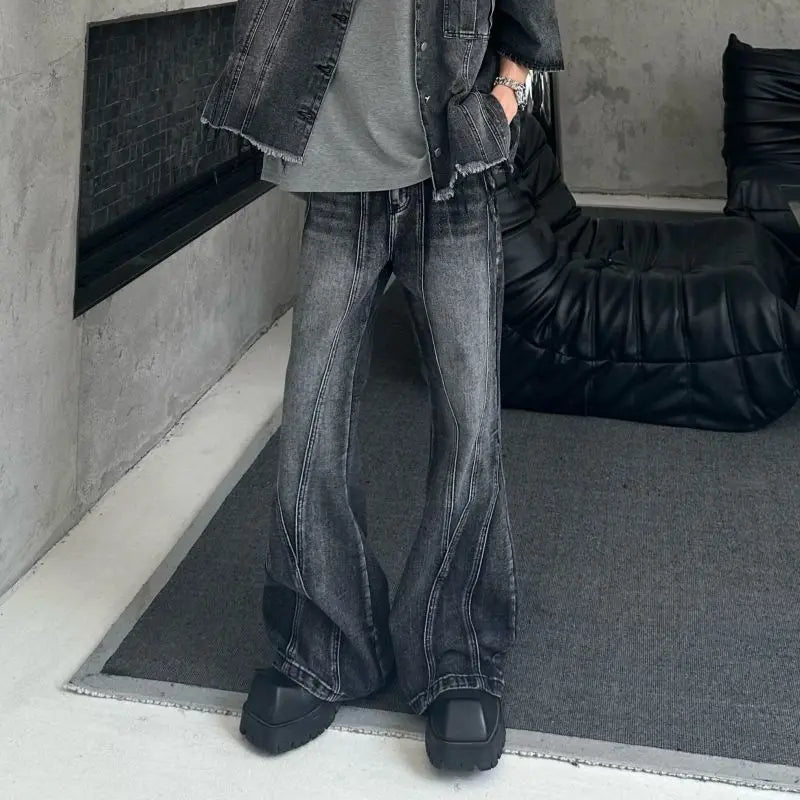 sanyamk American street retro high street men and women trendy personalized washed straight leg jeans loose micro flared casual pants