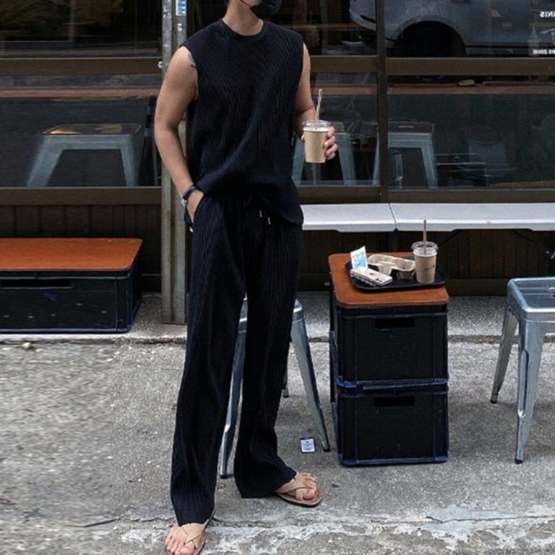 sanyamk Men Striped 2Pc Set Streetwear Casual Beach Tracksuit For Man Outdoor Sleeveless Crew Neck Crop Top+Drawstring Long Pants Suits