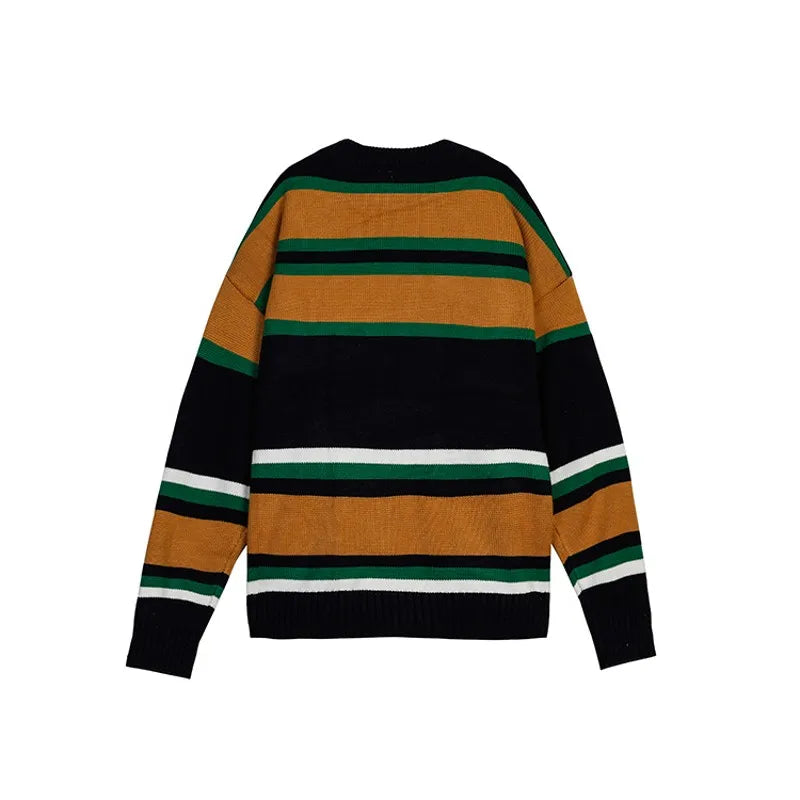 sanyamk Japan Style Vintage Sweater Men Contrast Color Striped Loose Knitted Pullover Casual pull homme Young Man Streetwear Clothing