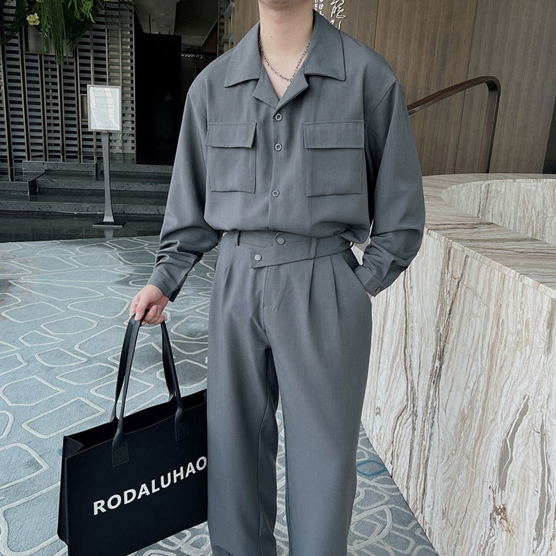 sanyamk Autumn Grey Black Sets Men Fashion Retro Pocket Long-sleeved Shirt/trousers Two-piece Men Korean Loose Casual Mens Sets M-2XL