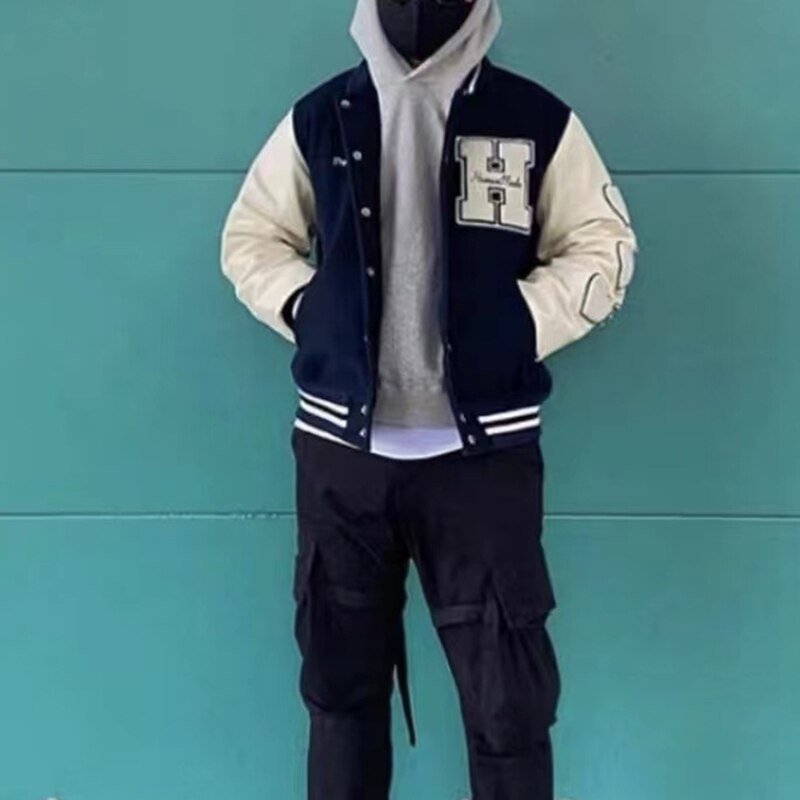 Bonsir Flocking Letter Embroidery Patchwork Human Made Wool Coat for Male and Female Retro Leather Sleeve Oversized Autumn Jackets