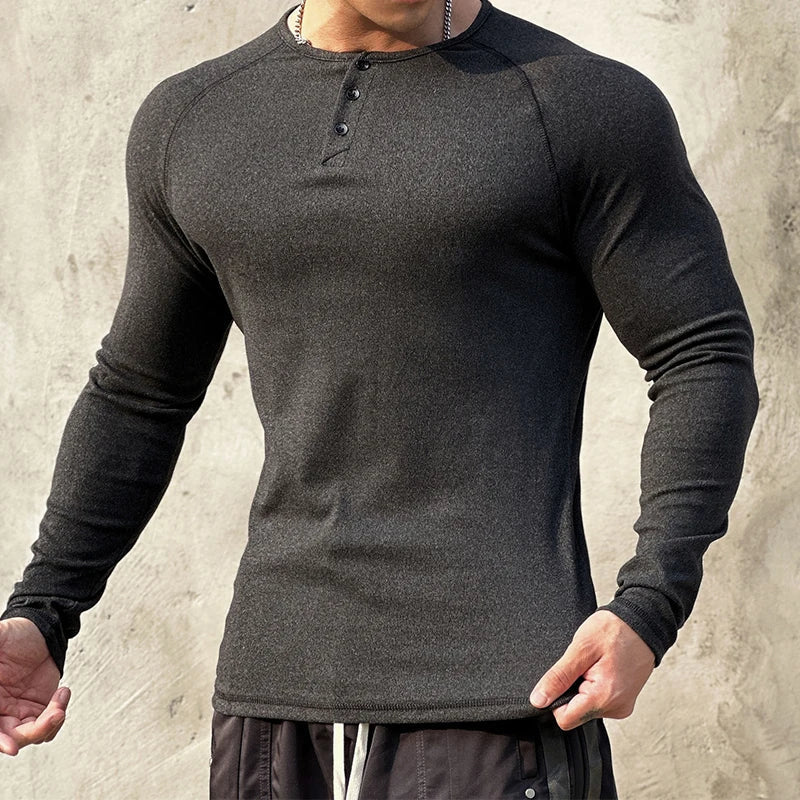 sanyamk - Casual Long Sleeve Solid T-shirt Gym Man Long Sleeve Henry Collar Shirt Muscle Men Elastic Ribbed Basic Tops Pullover Streetwear